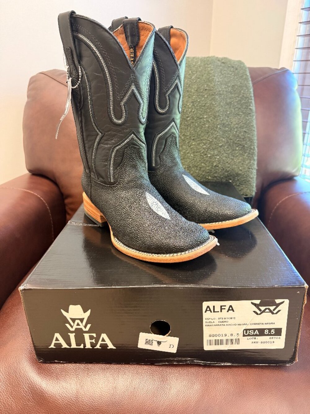 ALFA Western Wear Stingray Print Square Toe Cowboy Boot Mens 8.5D-Made in Mexico